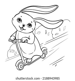 Bunny on a scooter. Summer entertainment. Coloring book for children. Vector illustration isolated on white background.