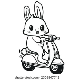 Bunny on a scooter. Summer entertainment. Coloring book for children. Vector illustration isolated on white background.