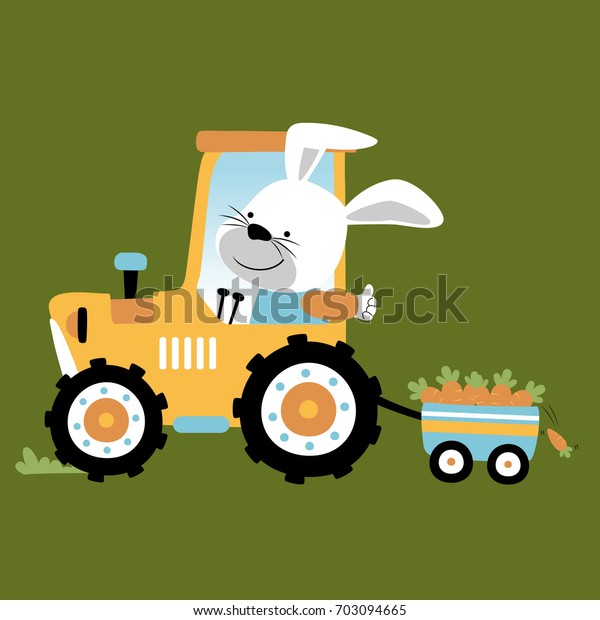 bunny on tractor with lot of carrots, vector\
cartoon illustration