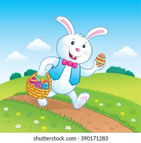 Bunny On Trail with Easter Basket with Eggs