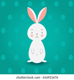 Bunny on turquoise eggs background, vector illustration.