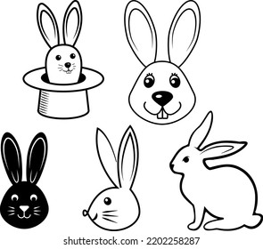 Bunny Outline, Flat Illustration Set, Group Of Bunny Clipart Isolated On White Background.