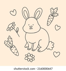 Bunny outline. Rabbit linear painting. Monochrome rabbit silhouette colouring. Easter sign, symbol. Bunny sketch design. Rabbit contour character. Coloring drawing rabbit art. Vector illustration. 
