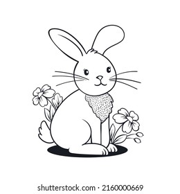Bunny outline. Rabbit linear painting. Monochrome rabbit silhouette colouring. Easter sign, symbol. Bunny sketch design. Rabbit contour character. Coloring drawing rabbit art. Vector illustration. 

