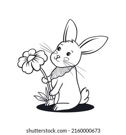 Bunny outline. Rabbit linear painting. Monochrome rabbit silhouette colouring. Easter sign, symbol. Bunny sketch design. Rabbit contour character. Coloring drawing rabbit art. Vector illustration. 
