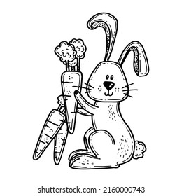 Bunny outline. Rabbit linear painting. Monochrome rabbit silhouette colouring. Easter sign, symbol. Bunny sketch design. Rabbit contour character. Coloring drawing rabbit art. Vector illustration. 
