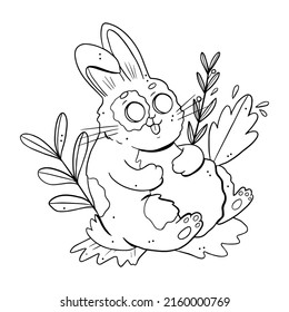 Bunny outline. Rabbit linear painting. Monochrome rabbit silhouette colouring. Easter sign, symbol. Bunny sketch design. Rabbit contour character. Coloring drawing rabbit art. Vector illustration. 
