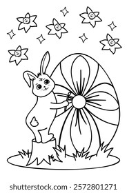 Bunny painting easter egg and flowers. Vector coloring page ready to print on standard A4 paper