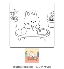 Conejito pintando huevos de Pascua para colorear para niños. Conejito con Huevo de Pascua para colorear para niños. Trazo y color Conejo de Pascua y huevo. Linda página para colorear de conejito para actividad de Pascua imprimible. 