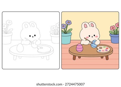 Bunny Malerei Ostereier Malvorlage für Kinder. Hase mit Osterei Malvorlagen für Kinder. Spur und Farbe Osterhase und Ei. Süße Hase Malvorlage für Ostern Aktivität druckbar. 