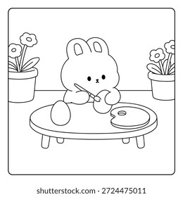 Conejito pintando huevos de Pascua para colorear para niños. Conejito con Huevo de Pascua para colorear para niños. Trazo y color Conejo de Pascua y huevo. Linda página para colorear de conejito para actividad de Pascua imprimible. 