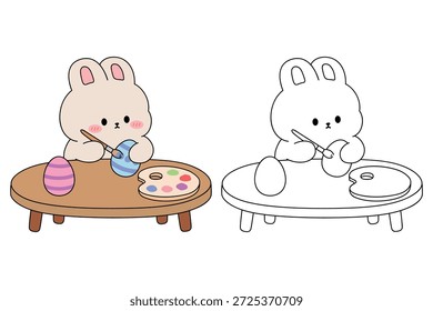 Conejito pintando huevos de Pascua para colorear para niños. Conejito con Huevo de Pascua para colorear para niños. Trazo y color Conejo de Pascua y huevo. Linda página para colorear de conejito para actividad de Pascua imprimible. 