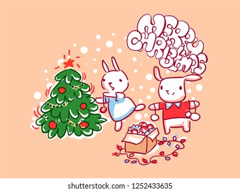 bunny pair decoration christmas card doodle style