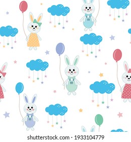 Bunny pattern with balloons among the clouds, color vector illustration, textile, print