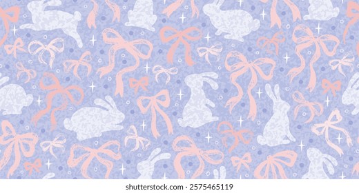 Bunny pattern with bow. Easter animal with ribbon. Cute crayon print with pink bows. Vintage bunny background, chalk texture. Seamless baby design for kids birthday or Easter. Rabbit vector drawing bg