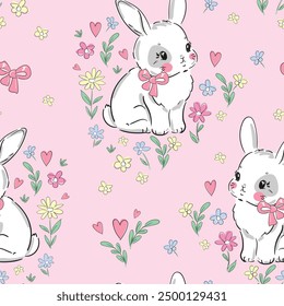 Bunny Pattern Hand Drawn, print design rabbit background, children print textile design