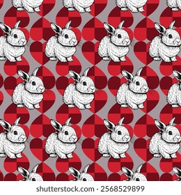 Bunny Pattern Hand Drawn, print design rabbit background, children print textile design. Pattern with bunnys on the vintage background with repeating hearts