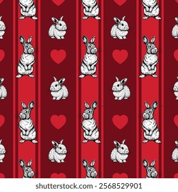 Bunny Pattern Hand Drawn, print design rabbit background, children print textile design. Pattern with bunnys on the vintage background with repeating hearts