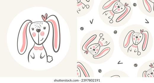 Bunny pattern and kids print. Vector seamless for childish fabric, wallpaper, wrapping paper, textile, t-shirt