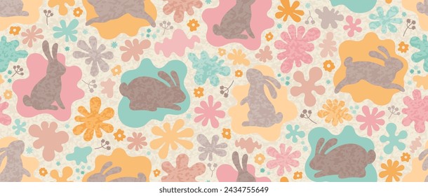 Bunny pattern. Seamless spring rabbit vector. Easter floral print. Animal background with cute flowers and baby bunny. Cartoon rabbit illustration. Vintage fabric. Watercolor Easter pattern background