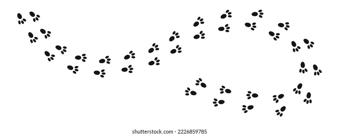 Bunny pawprints. Rabbit paw silhouettes stamps. Trace of wet or mud steps of running or walking hare isolated on white background. Vector graphic illustration.