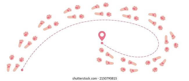 Bunny paws way. Rabbit footprint direction point for map. Animal tracks trail path to the goal. Happy Easter. Vector illustration on white background