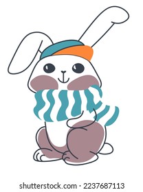 Bunny personage with long ears and cute muzzle wearing knit scarf and a warm hat. Winter season rabbit character with smile on face. Sticker or emoticon, wild small hare. Vector in flat style