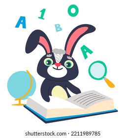 Bunny personage reading book and learning new skills. Isolated rabbit character with globus and magnifying glass, letters and numbers studying to count and abc. Vector in flat style illustration