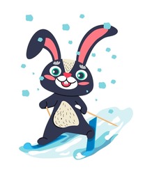 Bunny Personage With Smile On Muzzle Skiing From Slope In Winter. Seasonal Activities And Outdoors Fun Of Plush Hare, Rabbit Play Outside. Cartoon Character Symbol Of 2023 Year, Vector In Flat