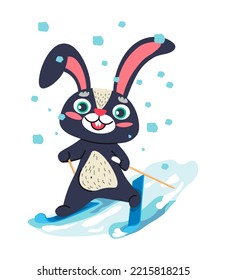 Bunny personage with smile on muzzle skiing from slope in winter. Seasonal activities and outdoors fun of plush hare, rabbit play outside. Cartoon character symbol of 2023 year, vector in flat