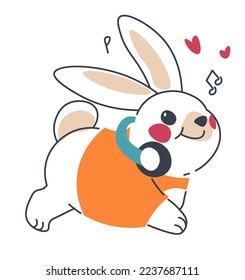 Bunny personage wearing knit sweater and headphones listening to music and enjoying life. Isolated bunny character with tune and heart icons, cheerful muzzle. Smiling hare. Vector in flat style