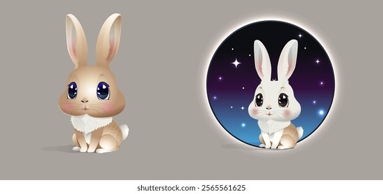 Bunny personage wearing knit sweater and headphones listening to music and enjoying life. Isolated bunny character with tune and heart icons, cheerful muzzle. Smiling hare. Vector in flat style