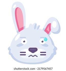 Bunny perspirable Ausdruck lustige Emoji-Vektorgrafik. Landhasen Kaninchen Tier nervös Gesicht mit verängstigten Augen und Schweiß. Harte Arbeit oder Angst lächeln Gefühle. Emoticon Stresskartographie