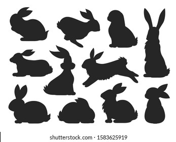 Bunny pet silhouette in different poses. Hare and rabbit collection. Vector set of cute rabbits in cartoon style.