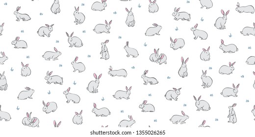 Bunny pets seamless background. Vector cute rabbits on white background. Decorative hand drawn childish pattern, cartoon style.