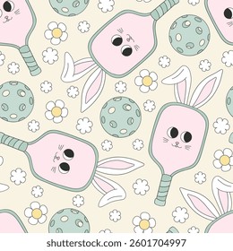 Bunny pickleball vector seamless pattern. Sporty Easter Spring background.