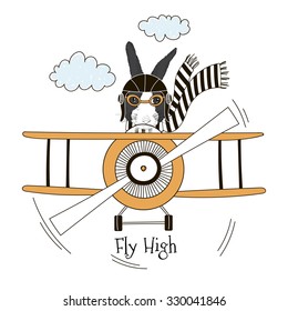 bunny pilot flying plane , kid illustration