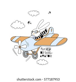 bunny pilot flying plane , kid illustration