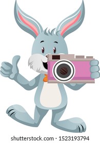 Bunny with pink camera, illustration, vector on white background.