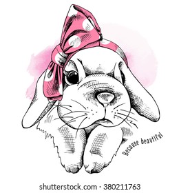 Bunny in a pink headband. Vector illustration.