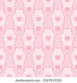 Bunny pink outline and pink heart inside. Vector seamless pattern. Design for wrapping paper, textile, wallpaper, background and Valentine festival decoration.