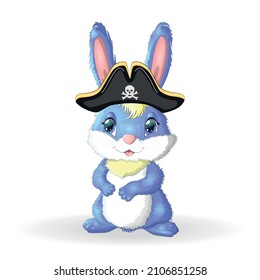 Bunny pirate, cartoon character of the game, wild animal rabbit in a bandana and a cocked hat with a skull, with an eye patch. Character with bright eyes Isolated on white