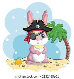 Bunny pirate, cartoon character of the game, wild animal rabbit in a bandana and a cocked hat with a skull, with an eye patch. Character with bright eyes on the beach with palm trees