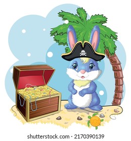 Bunny pirate, cartoon character of the game, wild animal rabbit in a bandana and a cocked hat with a skull, with an eye patch. Character with bright eyes and treasure chest