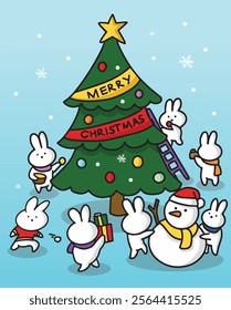 bunny play with christmas tree