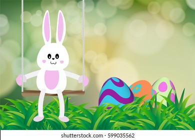 bunny play swing and Easter eggs hiding on grass with green bokeh and sun rays background.Template for Easter season greeting card, banner and poster in vector illustration to celebrate the festival.