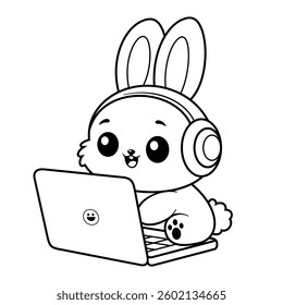 Bunny playing laptop, for coloring