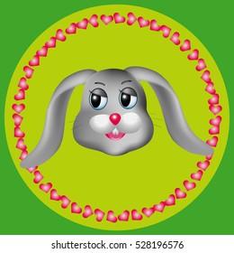 Bunny portrait isolated on a green background. Cartoon. Valentine day greeting card with rabbit face and hearts.Vector illustration