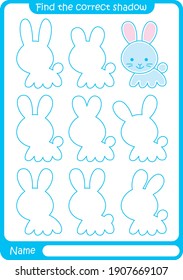 Bunny. Preschool worksheet. Find the correct shadow. Worksheet.  Illustration and vector outline - A4 paper ready to print.