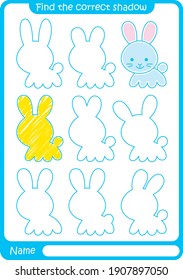 Bunny. Preschool worksheet. Find the correct shadow. Worksheet.  Illustration and vector outline - A4 paper ready to print.